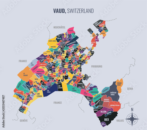 Fotografía A map showing Vaud Switzerland Conton into Commune in a minimalist colorful styl