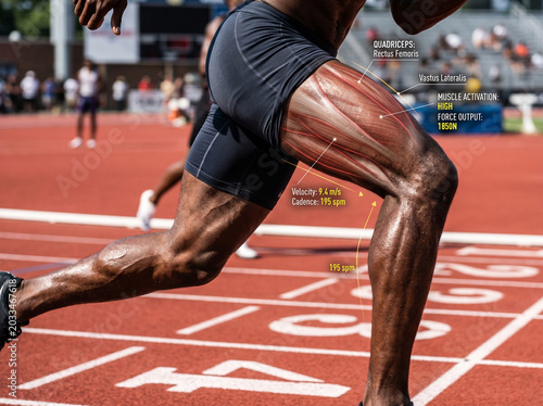 Runner's leg muscles highlighted with scientific data on track