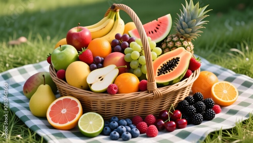 Fruit Basket with Pineapple Banana Apple and Berries on Grass