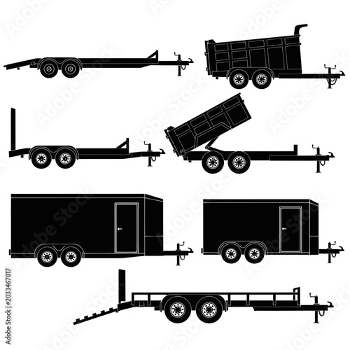 Collection of Black Trailer Silhouettes: Flatbed, Dump, Cargo, and Car Hauler