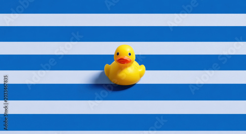 Bright yellow rubber duck sits on striped blue and white background, creating playful and cheerful atmosphere. vibrant colors evoke sense of fun and nostalgia