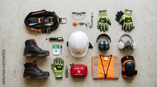 Various safety equipment laid out on a concrete surface, including a helmet, gloves, earphones, boots, and a first aid kit.