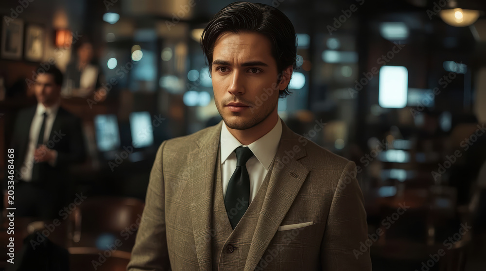 Fototapeta premium Young man in tailored suit standing in moody office bar with cinematic lighting