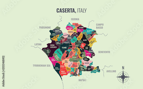Obraz na plátně A map showing Caserta Italy Provincia into Comune in a minimalist colorful style