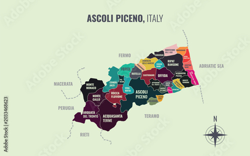 Quadro su tela A map showing Ascoli Piceno Italy Provincia into Comune in a minimalist colorful