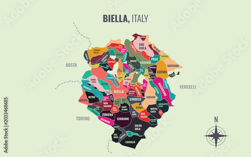 Quadro su tela A map showing Biella Italy Provincia into Comune in a minimalist colorful style