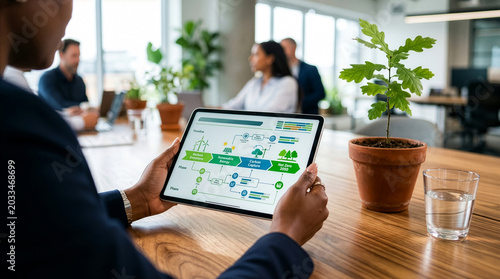 Executive Analyzing Sustainability Metrics on Tablet in Nature Integrated Workspace