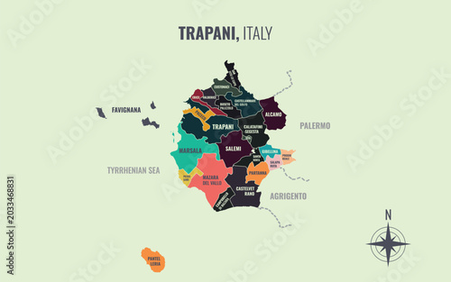 A map showing Trapani Italy Provincia into Comune in a minimalist colorful style