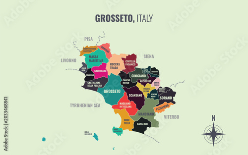 Photos A map showing Grosseto Italy Provincia into Comune in a minimalist colorful styl