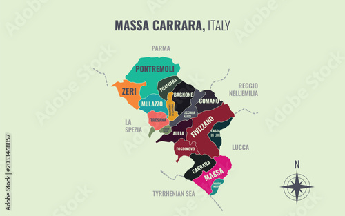 Fotografie A map showing Massa Carrara Italy Provincia into Comune in a minimalist colorful