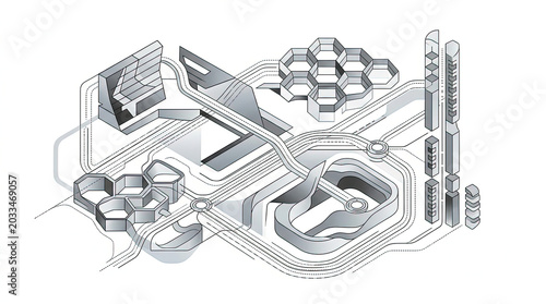 Dynamic conceptual blueprint of an advanced urban landscape, featuring intricate interconnected architectural forms and a visionary infrastructure layout for future development