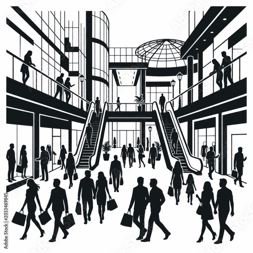 Photos Silhouettes of people walking and shopping inside a modern, brightly lit shopping mall with escalators and glass storefronts