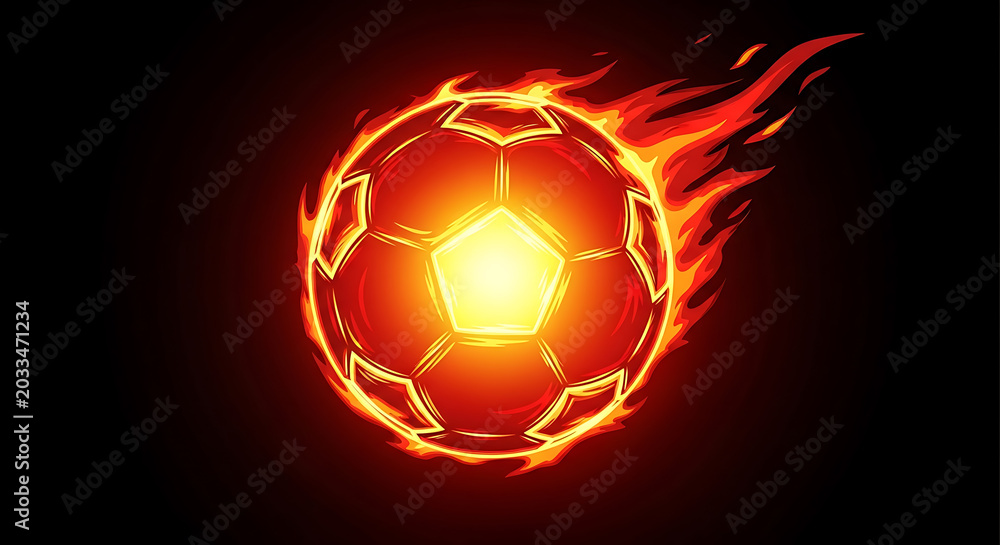 Fototapeta premium Flaming soccer ball with bright orange and yellow fire trails and glowing sparks isolated on a solid black background, for sports