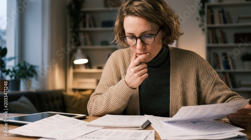 A woman wearing glasses, sitting at a table with papers and a tablet, looking at the papers with a thoughtful expression.