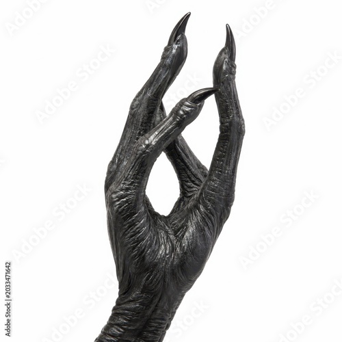 Sculptural alien hand model dark charcoal skin four sharp graceful fingers folded into a mysterious greeting pose premium creature design prop close up product view