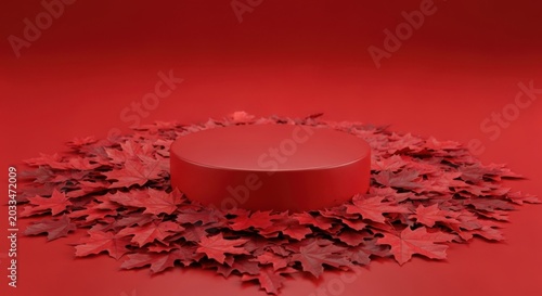 Round red display podium surrounded by dry autumn leaves