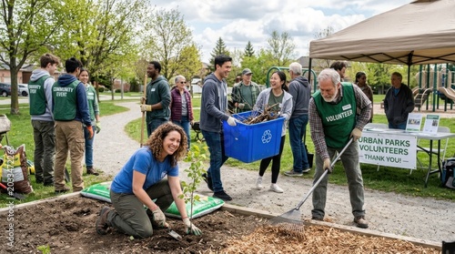 A group of volunteers planting trees in a park, with a tent and sign in the background.