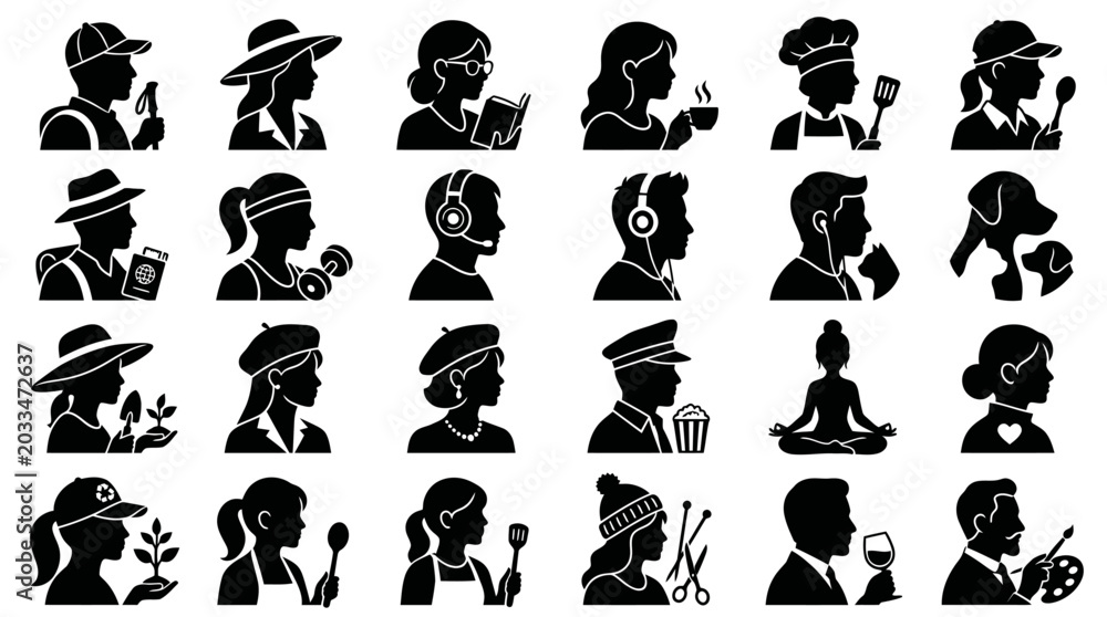 Fototapeta premium Set of diverse human character profile silhouette icons for various activities and hobbies.