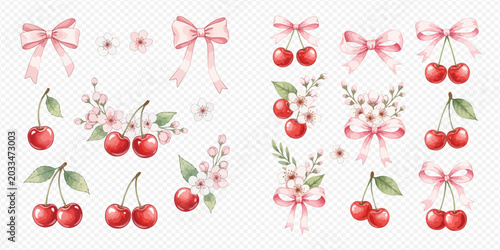 Photography Watercolor set of sweet red cherries, delicate pink bows, and blooming cherry blossoms, perfect for charming designs and decorations