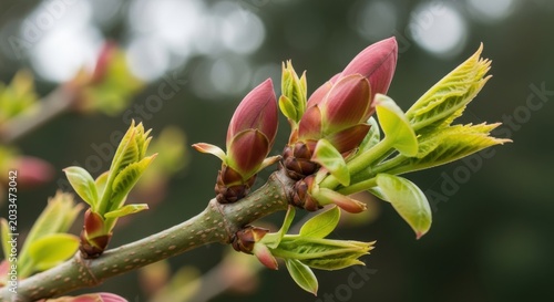 Fresh green leaves and pink flower buds on a spring branch