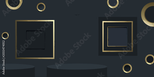 Tableau sur toile Golden Frames And Cylindrical Platforms 3d Render On Dark Background