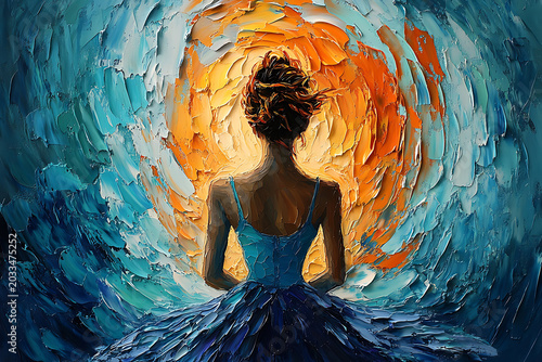 Ballet Dancer In Blue Dress Facing Fiery Orange And Teal Abstract Background Creating Dramatic Performance Art Inspiration.