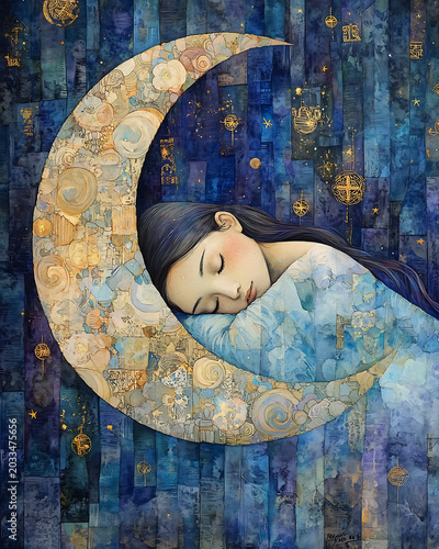 Dreamy Celestial Slumber Woman Sleeping Peacefully On Crescent Moon Amid Starry Sky Creating Fantasy Art Inspiration.