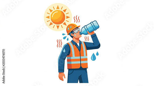 A construction worker in safety gear drinks water to stay hydrated under the scorching hot sun, conveying heat exhaustion and the need for refreshment during labor