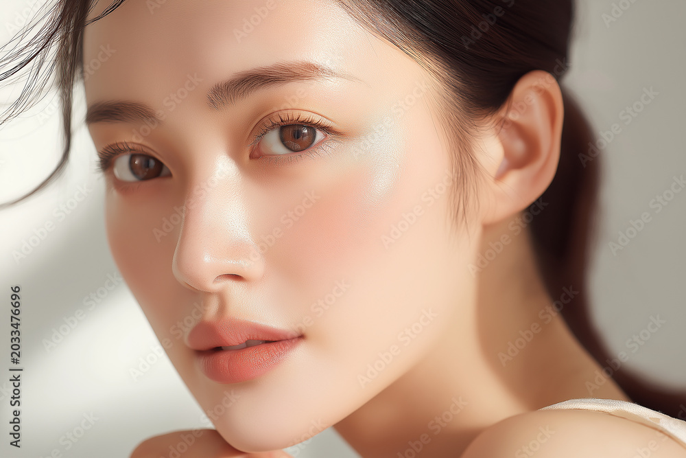 Fototapeta premium 美容, 女性, スキンケア, 化粧品, ビューティー, 若い女性, 美肌, 日本人, アジア人, フェイシャル, メイク, 美容液, 保湿, クリーム, エイジングケア, 美容医療, エステ, 美容クリニック, 肌ケア, ナチュラルメイク, 透明感, ツヤ肌, モデル, 笑顔, ポートレート, クローズアップ, リラックス, 癒し, 健康的, 美白, コラーゲン, ヒアルロン酸, アンチエイジング