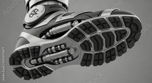 Pair of shoes with metal sole futuristic footwear concept product photo