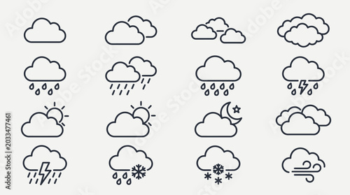 Set of simple outline weather forecast icons.