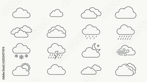 Set of simple outline weather forecast icons.