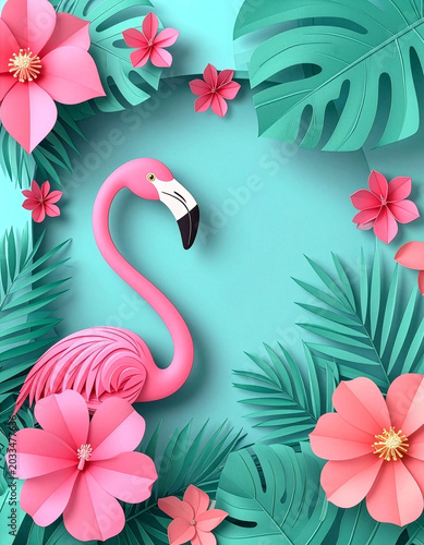 Paper cut tropical summer background with pink flamingo, hibiscus flowers and palm leaves