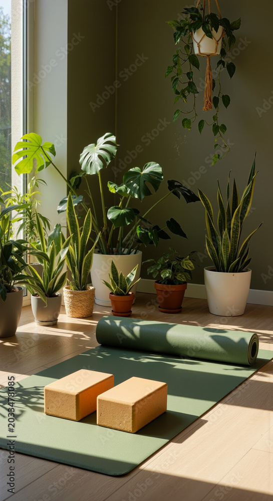 Fototapeta premium Yoga practice space with green mat wooden blocks and various potted plants near a sunny window in a peaceful indoor setting for wellness and meditation.