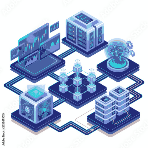 Abstract representation of a complex data network and artificial intelligence system with servers and charts.