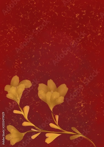Golden floral design on maroon background 