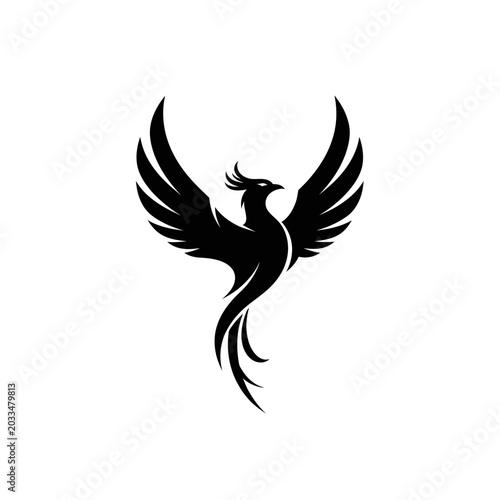 Schilderij op canvas Black Phoenix Silhouette with Open Wings on White Background, Mythical Bird Symb