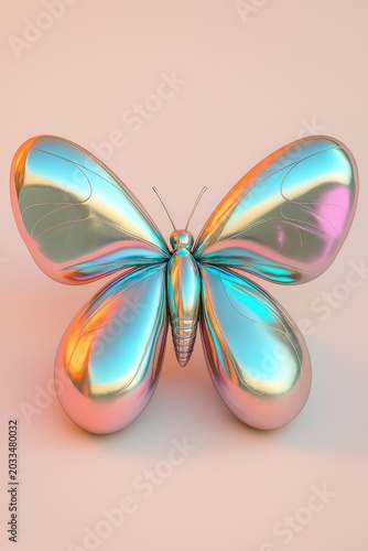 3D rendered metallic butterfly sculpture with iridescent colors, showcasing smooth curves and reflective surfaces, positioned against a soft pastel background for artistic display and visual appeal
