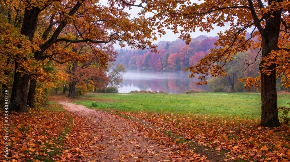 Fototapeta premium Dirt path winding through a forest with orange and yellow autumn foliage leading toward a calm misty lake surrounded by colorful trees under a soft overcast sky on a cool fall day