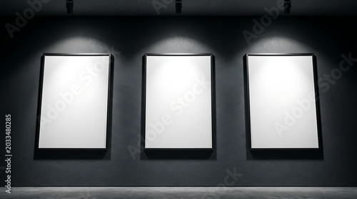 Three blank white posters hanging on a dark wall with spotlights