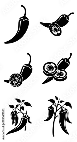 Chili Peppers Silhouette Set: Whole, Sliced, and Plant Illustrations