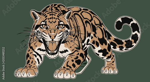 Canvas Print Clouded Leopard Roaring Aggressively, Powerful Wild Cat Illustration