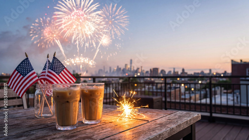 Iced coffee glasses sit on a rustic wooden table alongside miniature American flags and a glowing sparkler during a vibrant city fireworks show at dusk.
