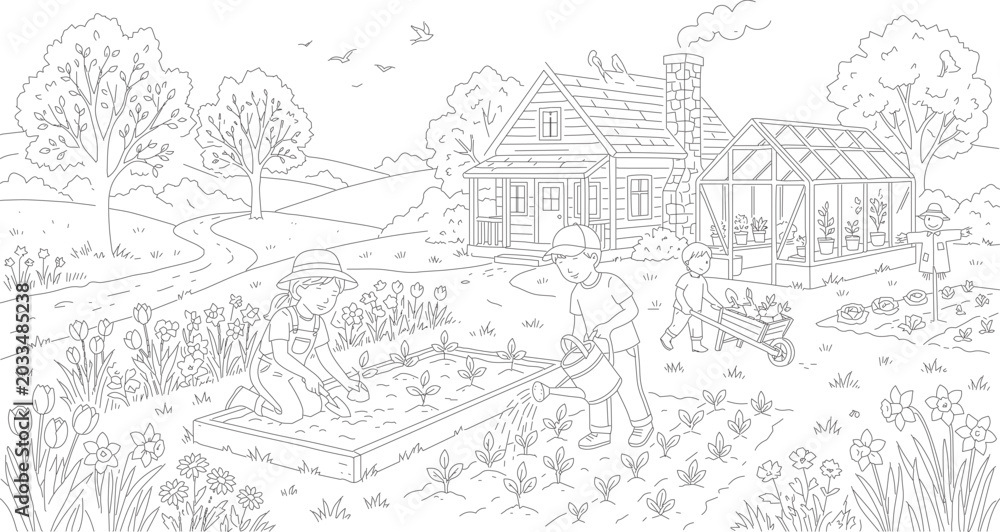 Fototapeta premium Drawing of a rural landscape with buildings and trees line art black and white landscape