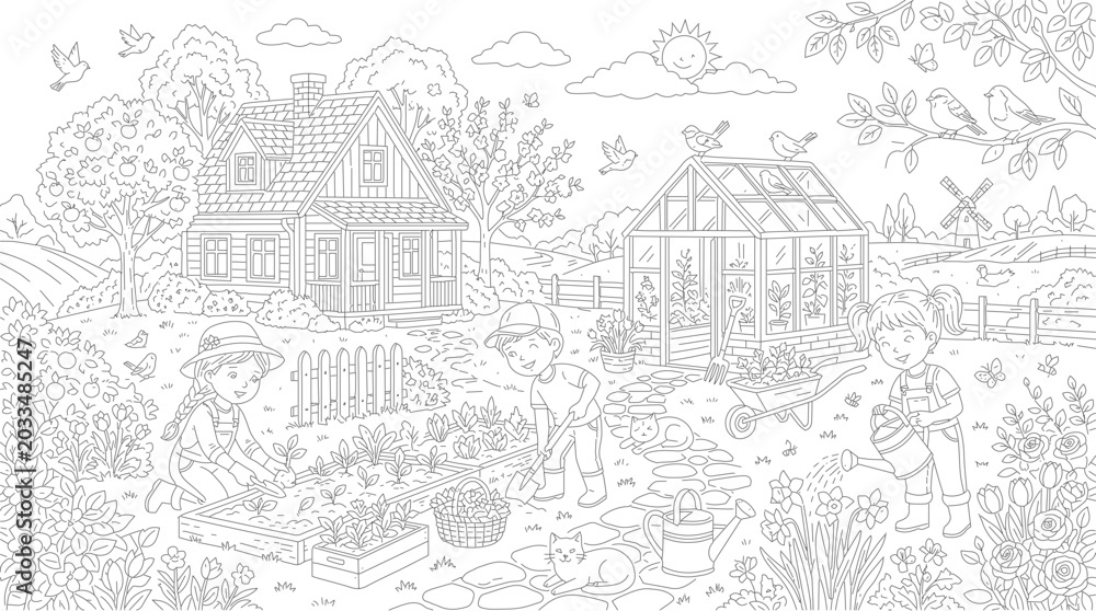 Obraz premium Sketch of a traditional house or building surrounded by trees with line art, organic shapes