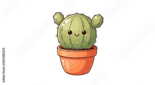 Bild auf Leinwand Cute kawaii cactus in a pot, happy cartoon plant with rosy cheeks and smiling fa