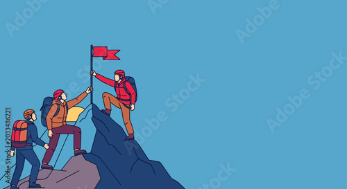 Team of climbers reaching the mountain summit with a flag