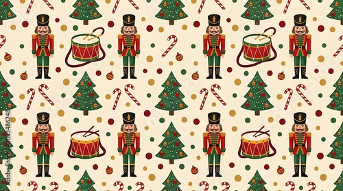 Christmas seamless pattern with nutcracker soldiers and holiday icons