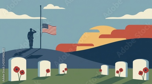 Memorial Day Tribute with Soldier, Flag, and Cemetery Landscape