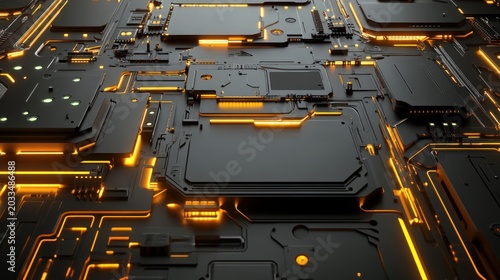 Futuristic Circuit Board with Glowing Orange Light Design